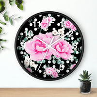 Wall Clock-Magenta Pink Floral-White Polka Dots-Black