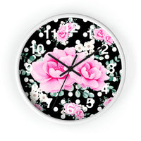 Wall Clock-Magenta Pink Floral-White Polka Dots-Black