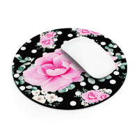 Mouse Pad-Magenta Pink Floral-White Polka Dots-Black