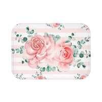 Bath Mat-Lush Pink Floral-Pink Horizontal Stripes-White