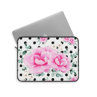 Laptop Sleeve-Magenta Pink Floral-Black Polka Dots-White