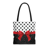 Tote Bag-Glam Red Bow-Black Polka Dots-Black Glitter