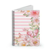 Small Spiral Notebook, 6x8in-Pink Floral Butterflies-Pink Horizontal Stripes