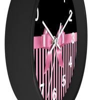 Wall Clock-Glam Pink Bow-Pink Black Pinstripes-Black