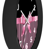 Wall Clock-Glam Pink Bow-Pink Black Pinstripes-Black