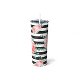 Skinny Tumbler, 20oz-Lush Pink Floral-Black Horizontal Stripes-White