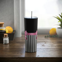 Skinny Tumbler, 20oz-Glam Pink Bow-Black White Pinstripes-Black