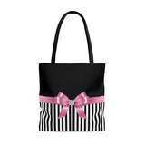 Tote Bag-Glam Pink Bow-Black White Pinstripes-Black