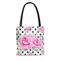 Tote Bag-Magenta Pink Floral-Black Polka Dots-White