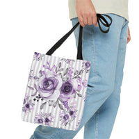 Tote Bag-Soft Purple Floral-Purple Pinstripes-White