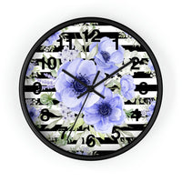 Wall Clock-Soft Blue Floral-Black Horizontal Stripes-White