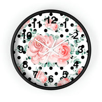 Wall Clock-Lush Pink Floral-Black Polka Dots-White