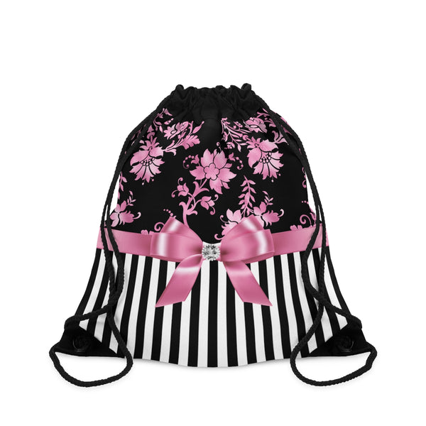 Drawstring Bag-Glam Pink Bow-Pink Stencil-Black White Pinstripes