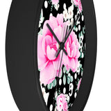 Wall Clock-Magenta Pink Floral-White Polka Dots-Black