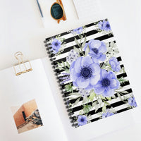 Small Spiral Notebook, 6x8in-Soft Blue Floral-Black Horizontal Stripes-White