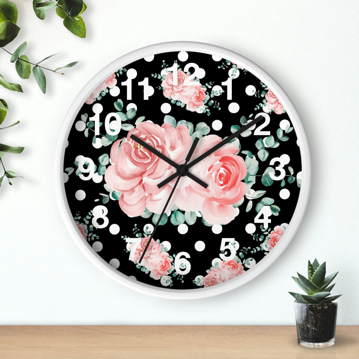 Wall Clock-Lush Pink Floral-White Polka Dots-Black – Glam Doll