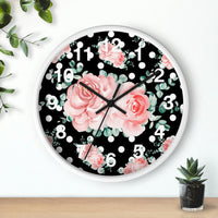 Wall Clock-Lush Pink Floral-White Polka Dots-Black