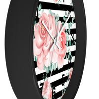 Wall Clock-Lush Pink Floral-Black Horizontal Stripes-White