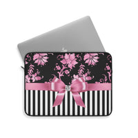 Laptop Sleeve-Glam Pink Bow-Pink Stencil-Black White Pinstripes