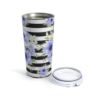 Tumbler 20oz-Soft Blue Floral-Black Horizontal Stripes-White