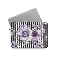 Laptop Sleeve-Soft Purple Floral-Black White Pinstripes