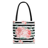 Tote Bag-Lush Pink Floral-Black Horizontal Stripes-White