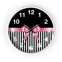 Wall Clock-Glam Pink Bow-Black White Pinstripes-Black