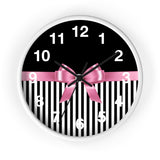 Wall Clock-Glam Pink Bow-Black White Pinstripes-Black