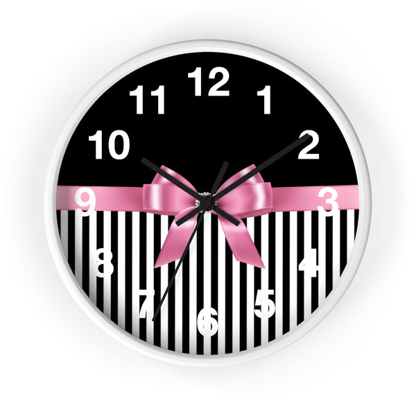 Wall Clock-Glam Pink Bow-Black White Pinstripes-Black