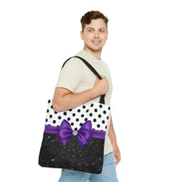 Tote Bag-Glam Purple Bow-Black Polka Dots-Black Glitter