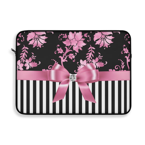 Laptop Sleeve-Glam Pink Bow-Pink Stencil-Black White Pinstripes