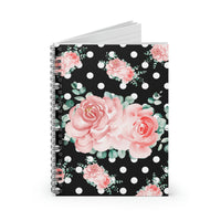 Small Spiral Notebook, 6x8in-Lush Pink Floral-White Polka Dots-Black