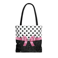 Tote Bag-Glam Pink Bow-Black Polka Dots-Black Glitter