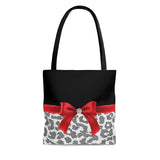 Tote Bag-Glam Red Bow-Grey Leopard-Black