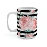 Coffee Mug 15oz-Lush Pink Floral-Black Horizontal Stripes-White