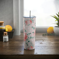 Skinny Tumbler, 20oz-Lush Pink Floral-White Polka Dots-Pink