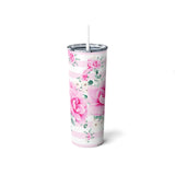 Skinny Tumbler, 20oz-Magenta Pink Floral-Pink Horizontal Stripes-White