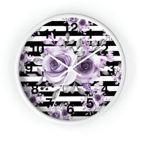 Wall Clock-Soft Purple Floral-Black Horizontal Stripes-White