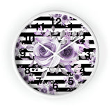 Wall Clock-Soft Purple Floral-Black Horizontal Stripes-White