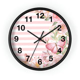 Wall Clock-Pink Floral Butterflies-Pink Horizontal Stripes