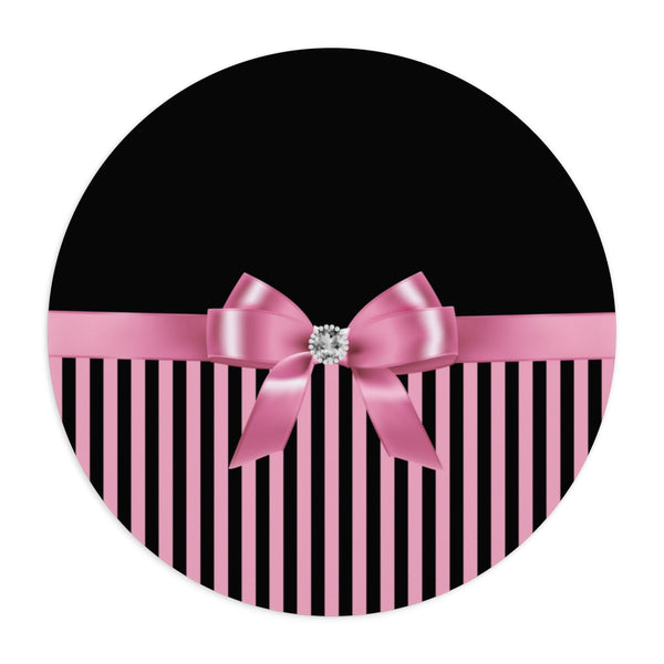 Mouse Pad-Glam Pink Bow-Pink Black Pinstripes-Black