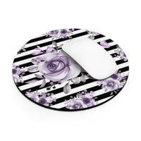 Mouse Pad-Soft Purple Floral-Black Horizontal Stripes-White