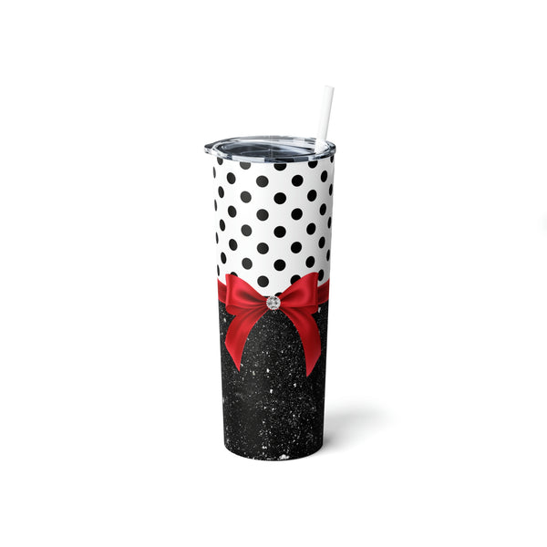 Skinny Tumbler, 20oz-Glam Red Bow-Black Polka Dots-Black Glitter