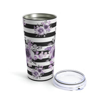 Tumbler 20oz-Soft Purple Floral-Black Horizontal Stripes-White
