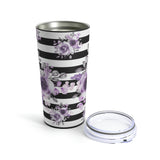 Tumbler 20oz-Soft Purple Floral-Black Horizontal Stripes-White
