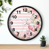 Wall Clock-Pink Floral Butterflies-Pink Horizontal Stripes