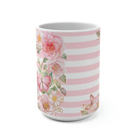 Coffee Mug 15oz-Pink Floral Butterflies-Pink Horizontal Stripes