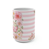 Coffee Mug 15oz-Pink Floral Butterflies-Pink Horizontal Stripes