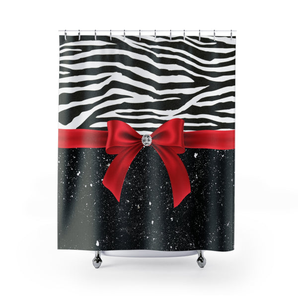 Shower Curtains-Glam Red Bow-Zebra-Black Glitter