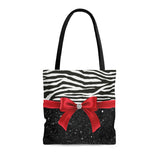 Tote Bag-Glam Red Bow-Zebra-Black Glitter